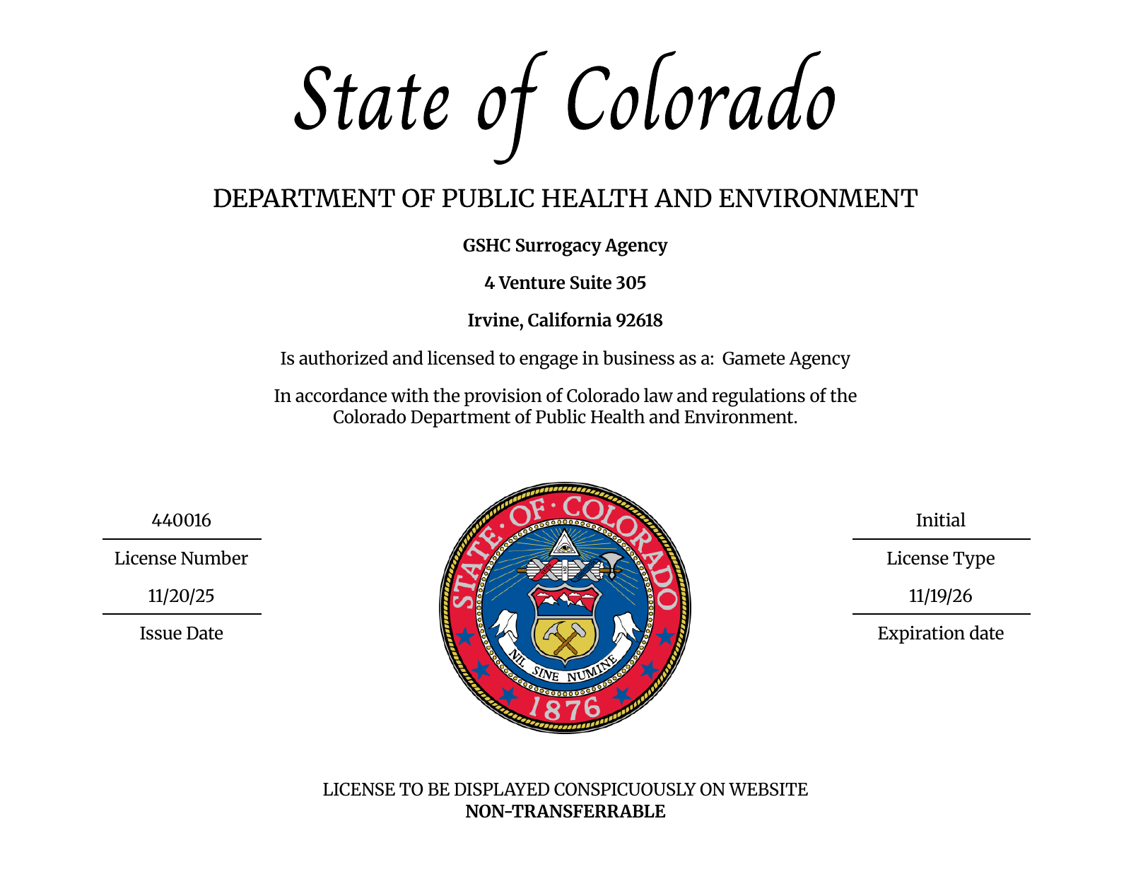 Colorado Gamete Agency License 440016 issued to GSHC Surrogacy Agency